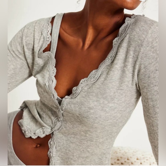 NWT Free People Big Love Lace Trim Knit Button-Up Top, size XL - Picture 3 of 9